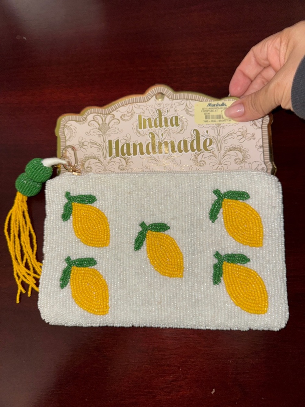 Handmade Beaded Lemon Pouch - White & Yellow